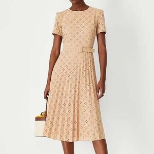 Ann Taylor Tan Eyelet Pleated Belted Midi Dress 00P